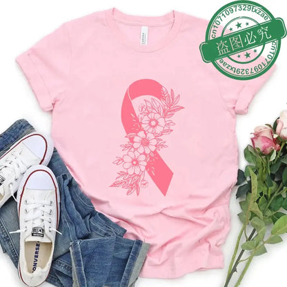 Pink floral Breast Cancer Awareness T-shirt by Jungle Line featuring pink ribbon design, supporting cancer fighters and survivors.
