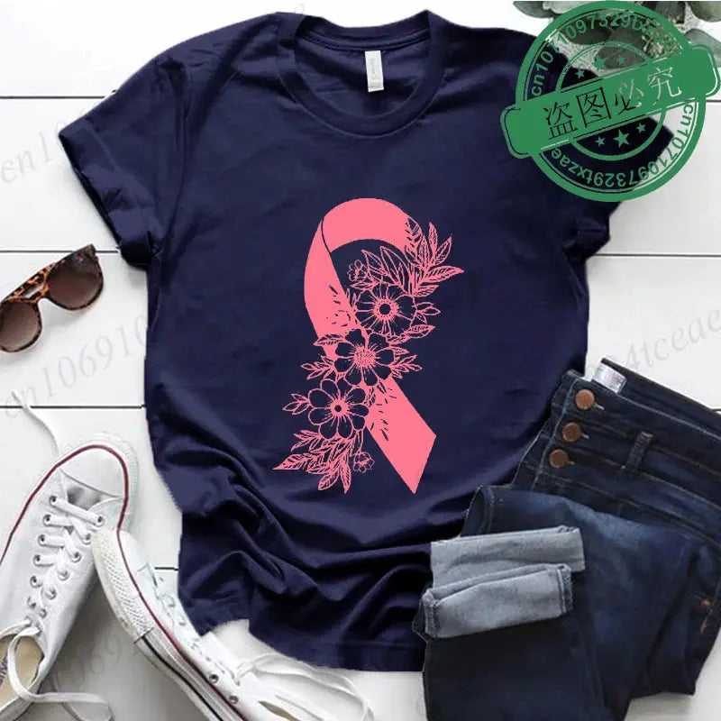 Jungle Line pink floral breast cancer awareness shirt with pink ribbon design, support cancer fighters, women's survivor top.