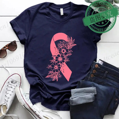 Jungle Line pink floral breast cancer awareness shirt with pink ribbon design, support cancer fighters, women's survivor top.