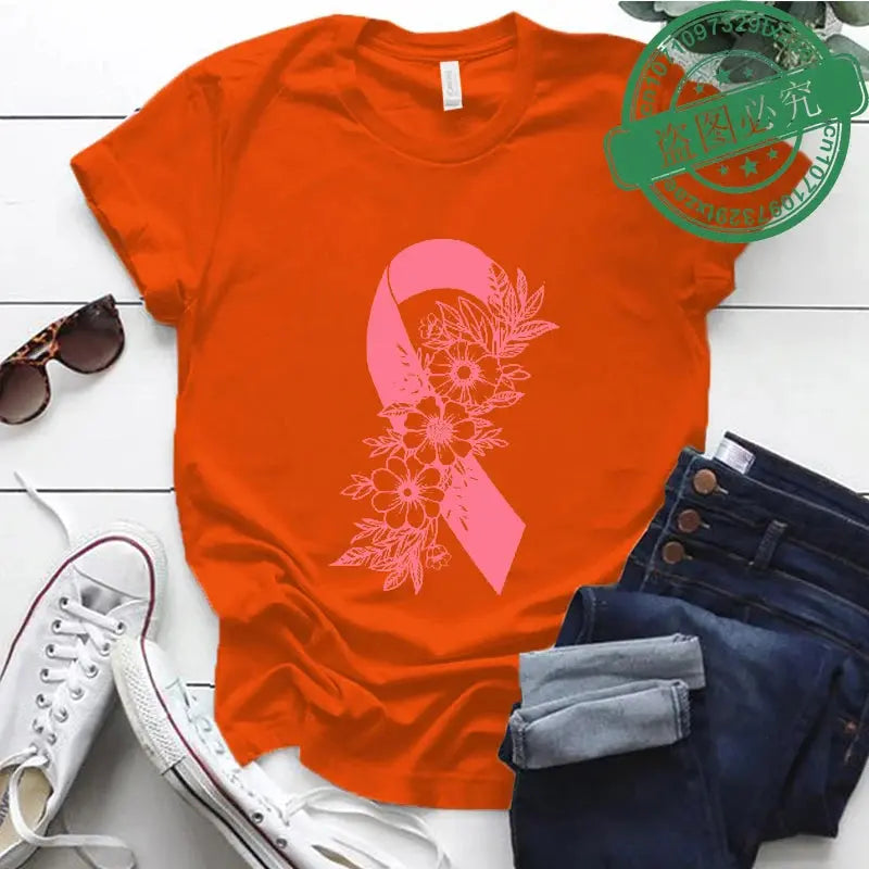Pink floral Breast Cancer Awareness shirt by Jungle Line featuring pink ribbon design, support cancer fighters, women’s survivor top.