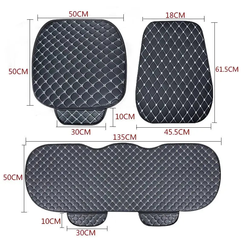 Black leather car seat covers by Jungle Line for front and rear seats, suitable for four seasons, designed for comfort and protection.