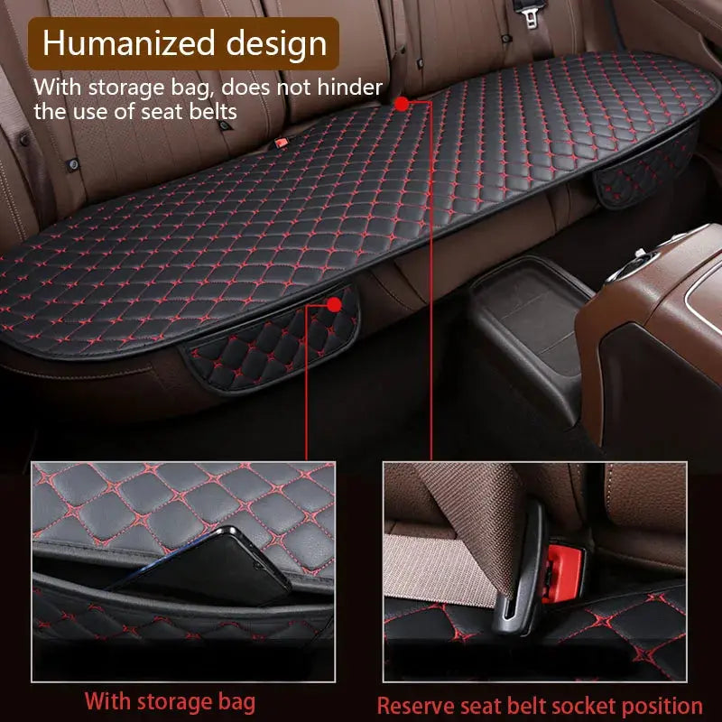 Black leather Jungle Line four seasons car seat covers for front and rear seats, designed for all-weather protection.