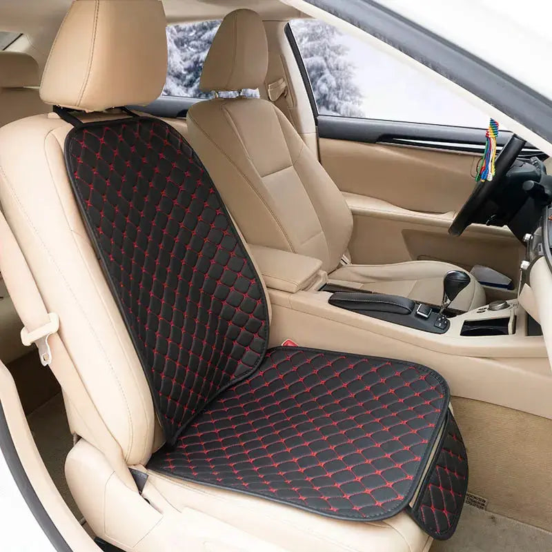Black leather Jungle Line four seasons car seat covers for front and rear seats, designed for full vehicle protection.