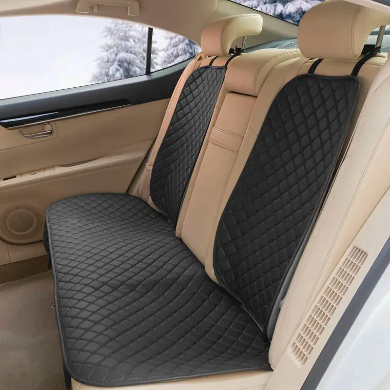 Black Leather Car Seat Covers by Jungle Line for front and rear seats, suitable for four seasons, designed for comfort and protection.