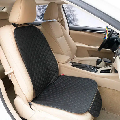 Black leather car seat covers by Jungle Line, suitable for front and rear seats, designed for four-season comfort and protection.