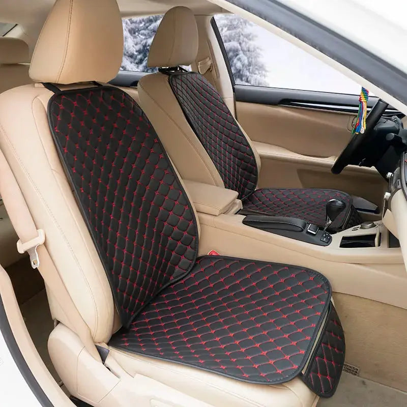 Black leather Jungle Line four seasons car seat covers for front and rear seats, designed for a snug fit and durability.