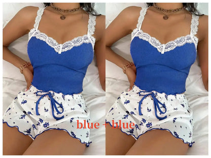 Women’s pink lace patchwork pajama set with V-neck, two-piece design, from Jungle Line, featuring comfortable fabric and stylish details.