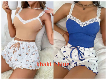 Women’s pink lace patchwork pajama set with V-neck, includes two pieces, by Jungle Line.