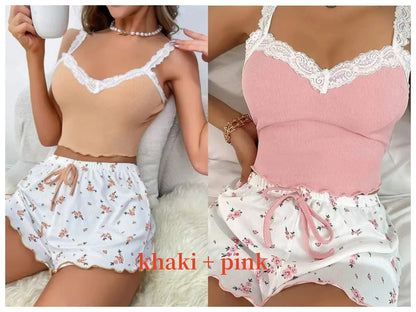 Pink lace patchwork women's pajama set with V-neck, two-piece design, by Jungle Line, featuring comfortable fabric and relaxed fit.