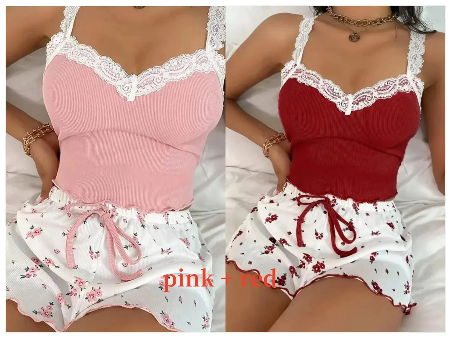 Women’s pink lace patchwork pajama set with V-neck by Jungle Line, featuring a comfortable two-piece design and soft fabric.