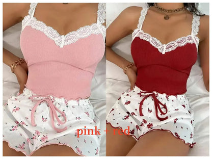 Women’s pink lace patchwork pajama set with V-neck by Jungle Line, featuring a comfortable two-piece design and soft fabric.