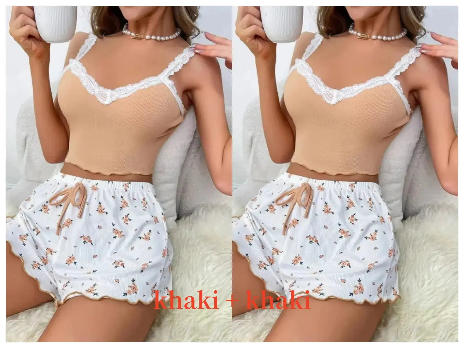 Women’s pink lace patchwork pajama set with V-neck, two-piece design, from Jungle Line.