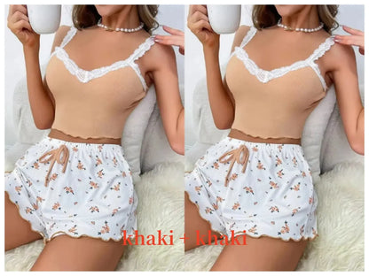 Women’s pink lace patchwork pajama set with V-neck, two-piece design, from Jungle Line.