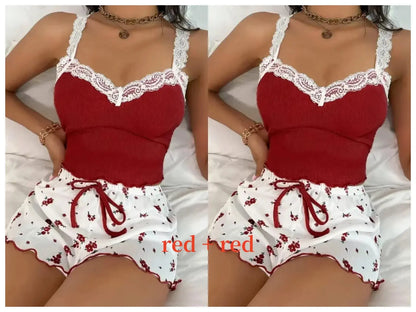 Women’s pink lace patchwork pajama set with V-neck, includes two pieces, by Jungle Line, soft and comfortable sleepwear.