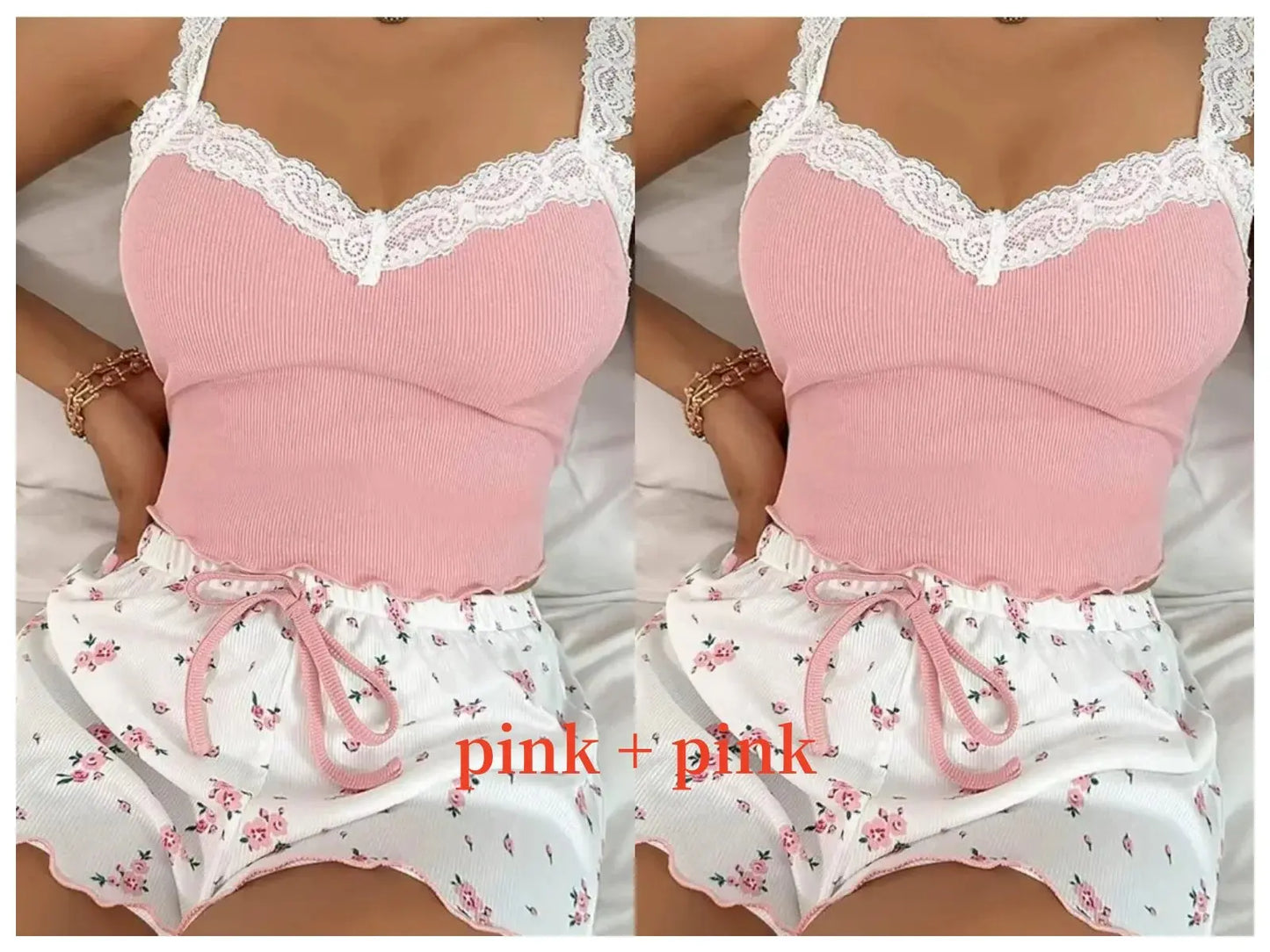 Women’s pink lace patchwork pajama set with V-neck, two-piece, stylish and comfortable, by Jungle Line.