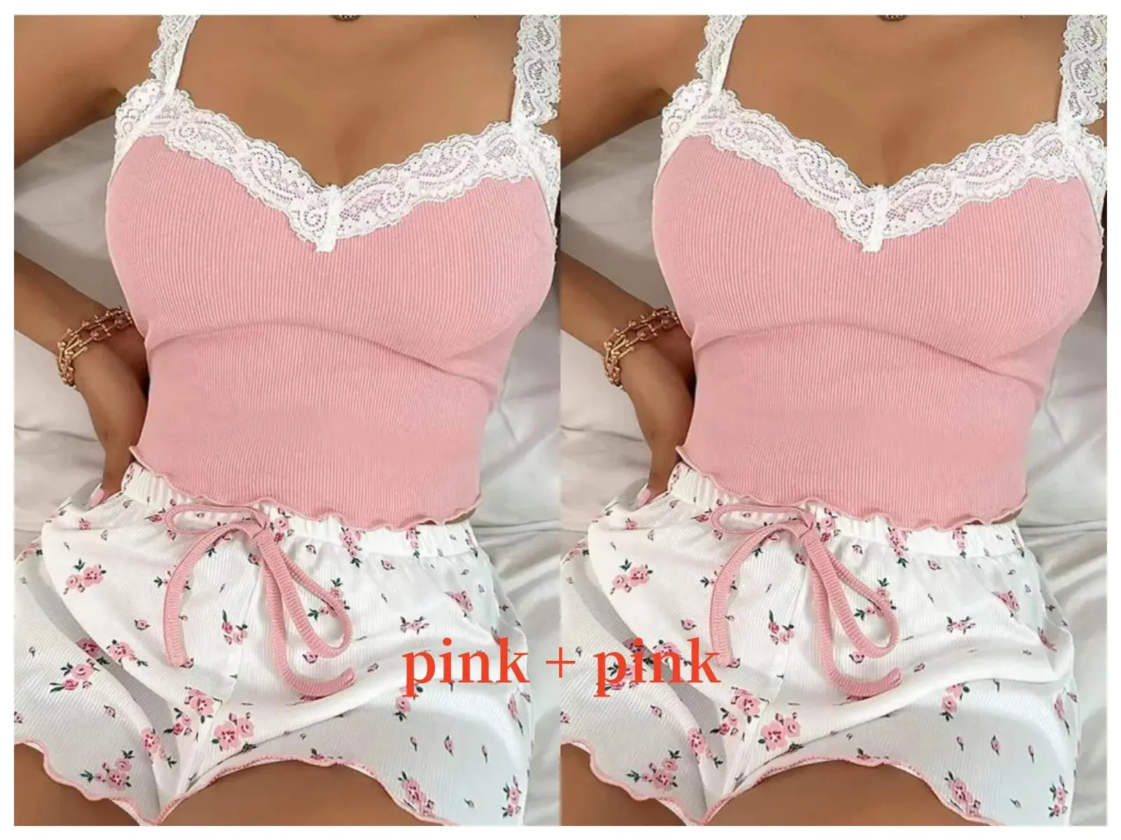 Women’s pink lace patchwork pajama set with V-neck, two-piece, stylish and comfortable, by Jungle Line.