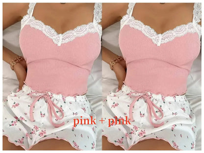 Women’s pink lace patchwork pajama set with V-neck, two-piece, stylish and comfortable, by Jungle Line.