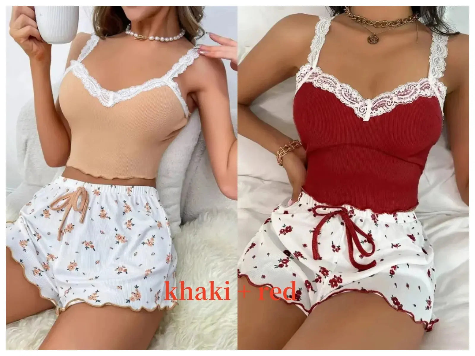 Women’s pink lace patchwork pajama set with V-neck from Jungle Line, featuring a comfortable two-piece design and soft fabric.