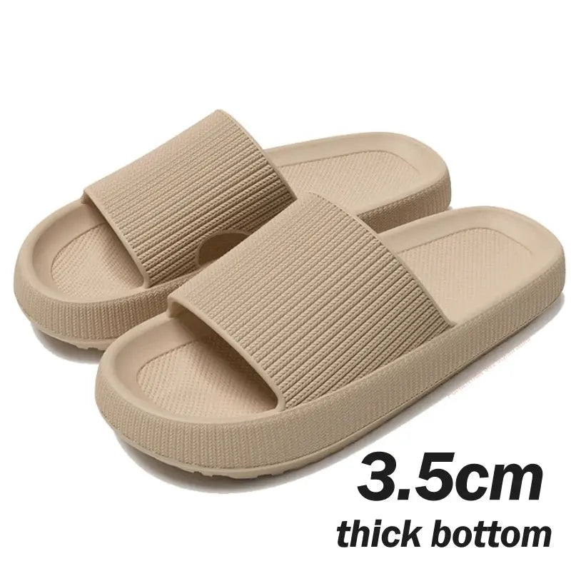 Khaki thick platform cloud slippers for women and men by Jungle Line, summer casual footwear with cushioned soles.