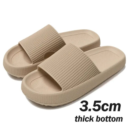 Khaki thick platform cloud slippers for women and men by Jungle Line, summer casual footwear with cushioned soles.