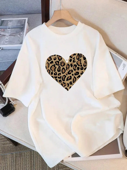 Leopard Love Heart Printed T-shirt Short Sleeve Round Neck Casual Top Summer and Spring Women's Clothing Aesthetic Graphic Y2K - Jungle Line