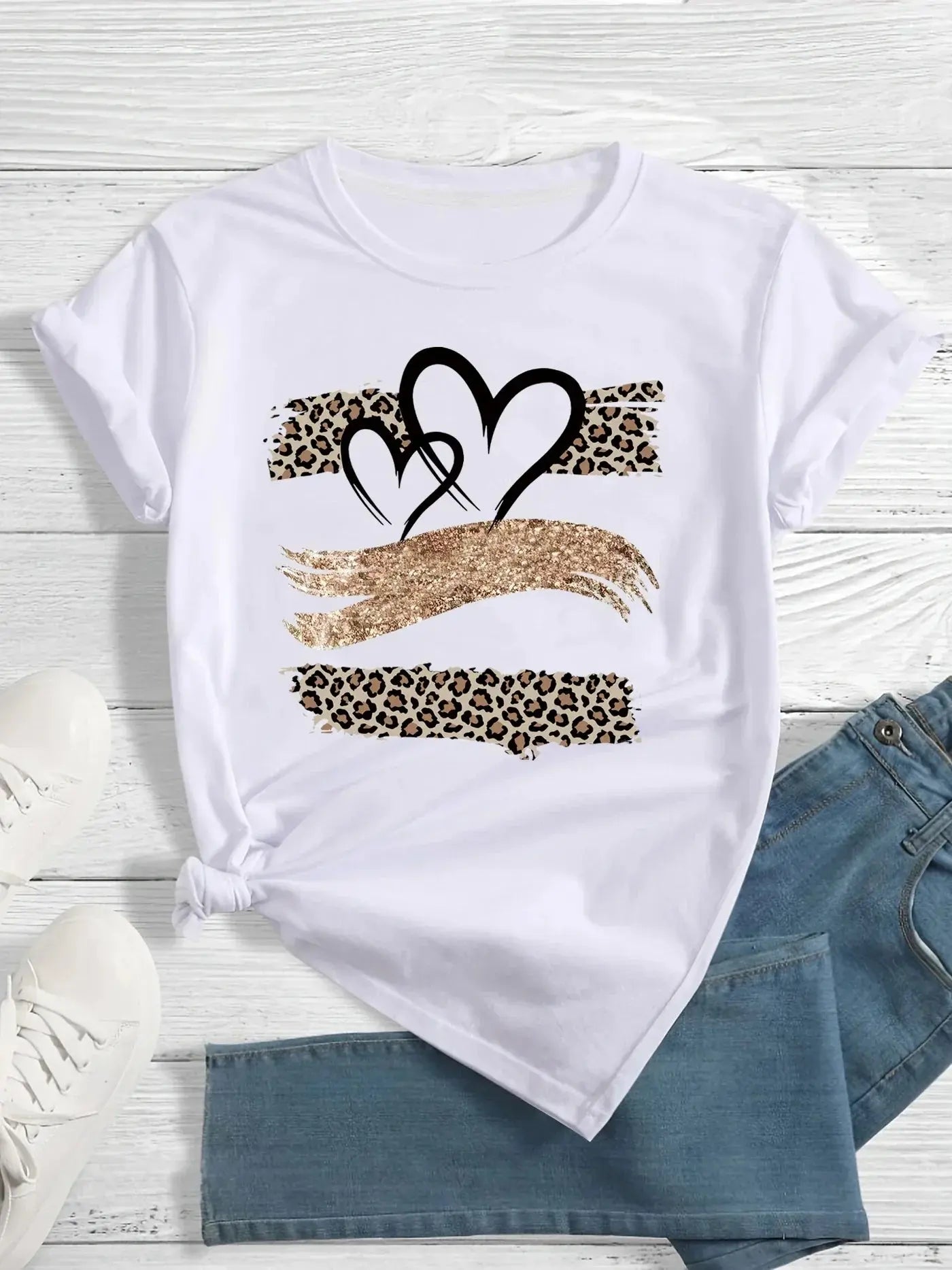 Leopard Love Heart Printed T-shirt Short Sleeve Round Neck Casual Top Summer and Spring Women's Clothing Aesthetic Graphic Y2K - Jungle Line