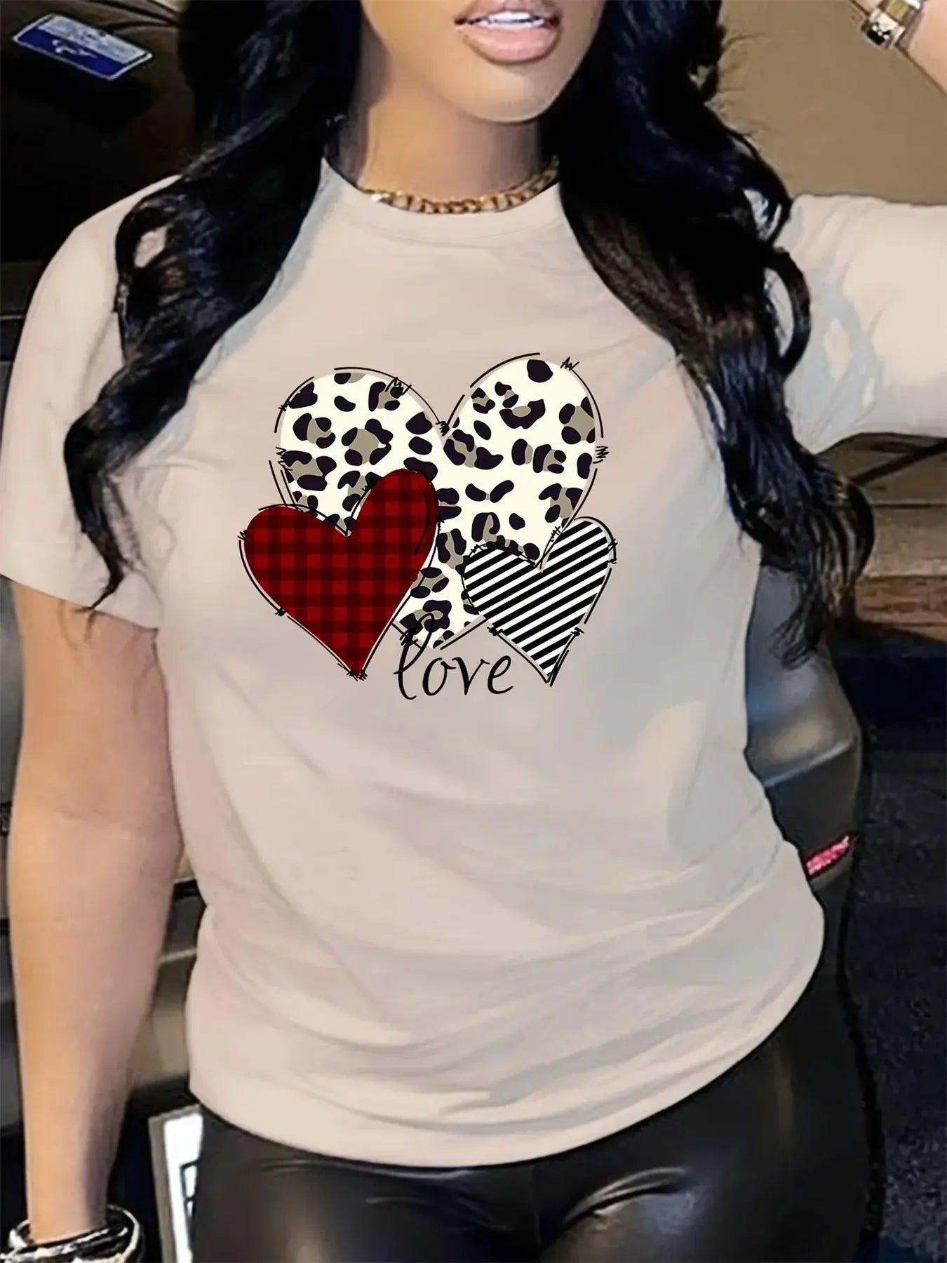 Leopard Love Heart Printed T-shirt Short Sleeve Round Neck Casual Top Summer and Spring Women's Clothing Aesthetic Graphic Y2K - Jungle Line