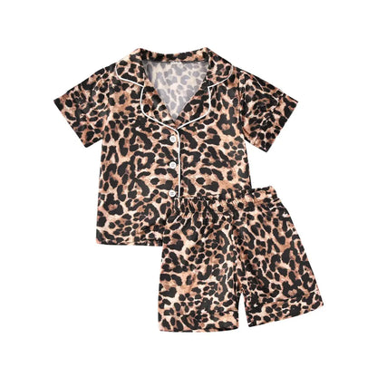 1-6Y Kids Girls Leopard Pajamas Set Baby Sleepwear Summer Autumn Short Sleeve Casual Satin Pyjamas Children Nightwear