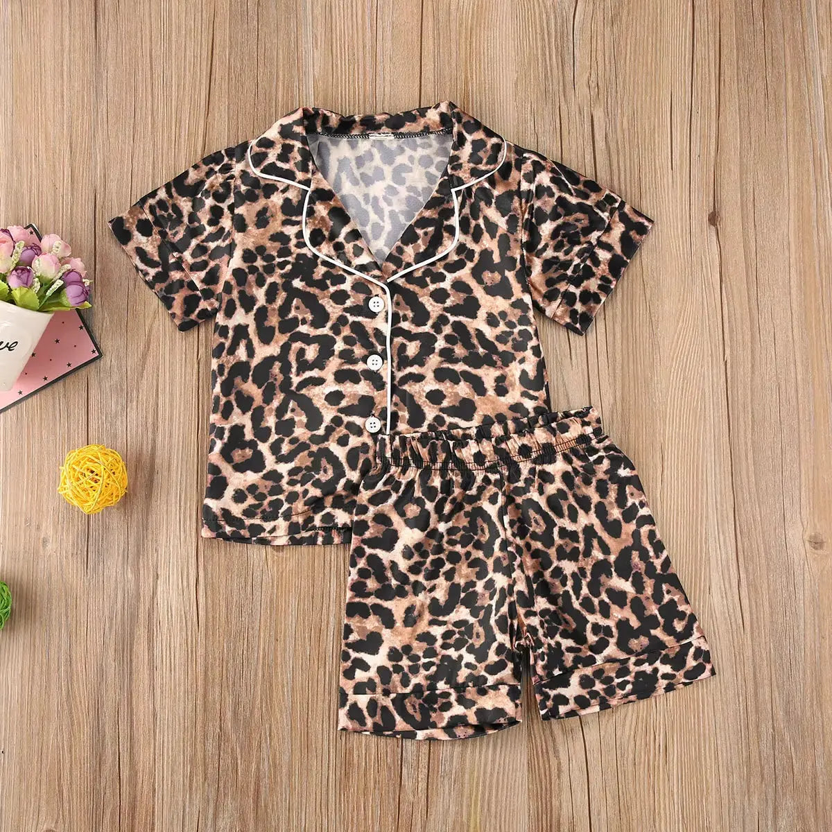 1-6Y Kids Girls Leopard Pajamas Set Baby Sleepwear Summer Autumn Short Sleeve Casual Satin Pyjamas Children Nightwear