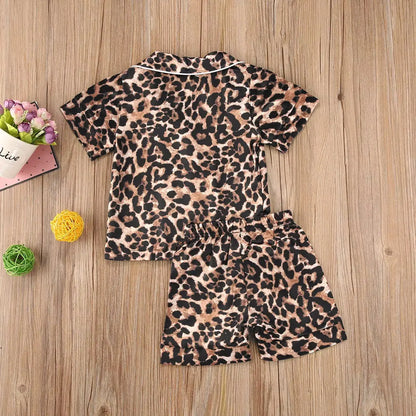 1-6Y Kids Girls Leopard Pajamas Set Baby Sleepwear Summer Autumn Short Sleeve Casual Satin Pyjamas Children Nightwear
