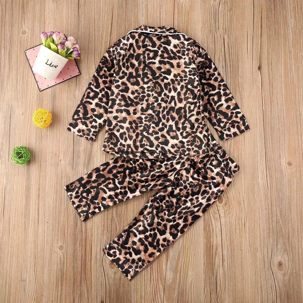 1-6Y Kids Girls Leopard Pajamas Set Baby Sleepwear Summer Autumn Short Sleeve Casual Satin Pyjamas Children Nightwear