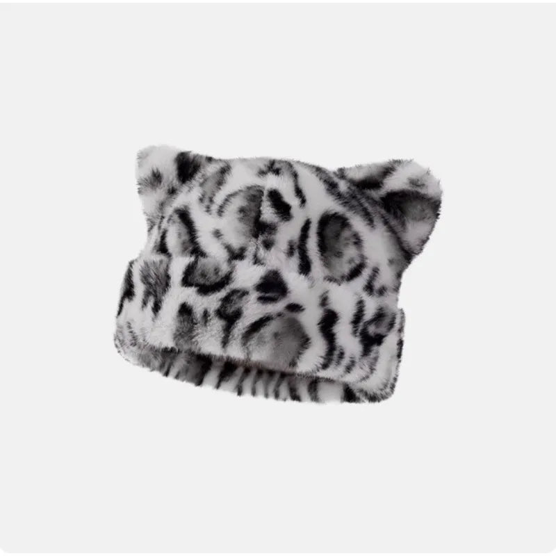 Bonnet en peluche à motif léopard pour femmes, chaud, doux, rétro, à capuche, de la marque Jungle Line, style mignon et confortable.
