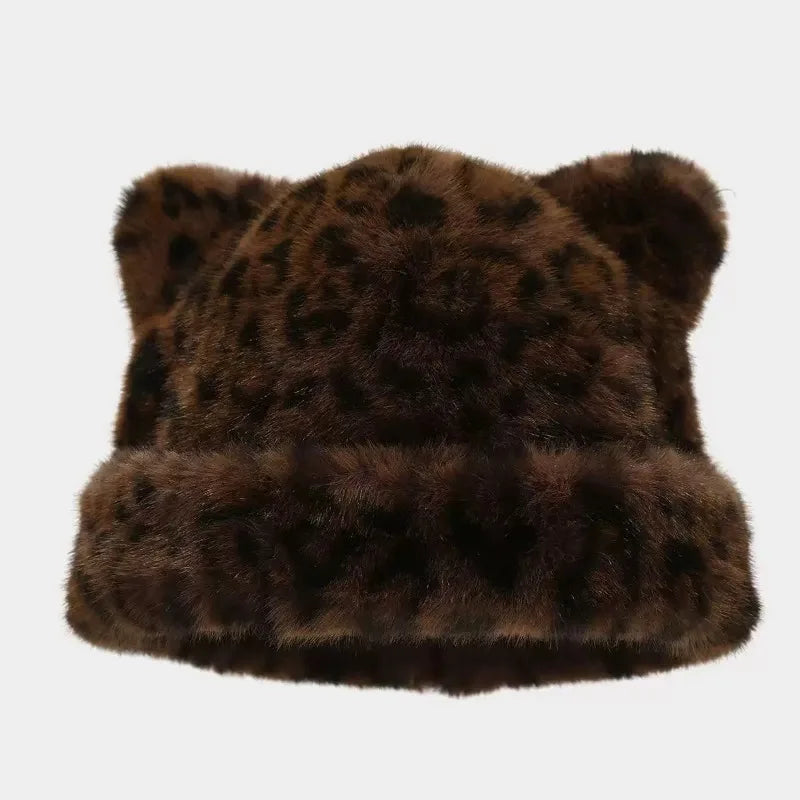 Bonnet en peluche à motif léopard pour femmes, chaud, doux et rétro, style bonnet à capuche, marque Jungle Line.
