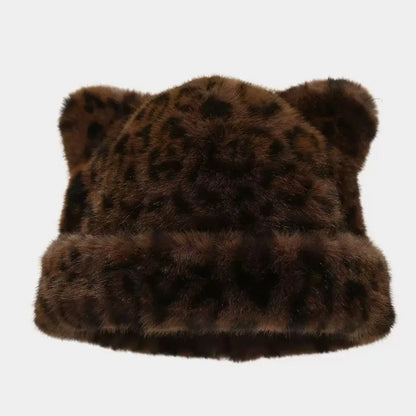 Bonnet en peluche à motif léopard pour femmes, chaud, doux et rétro, style bonnet à capuche, marque Jungle Line.