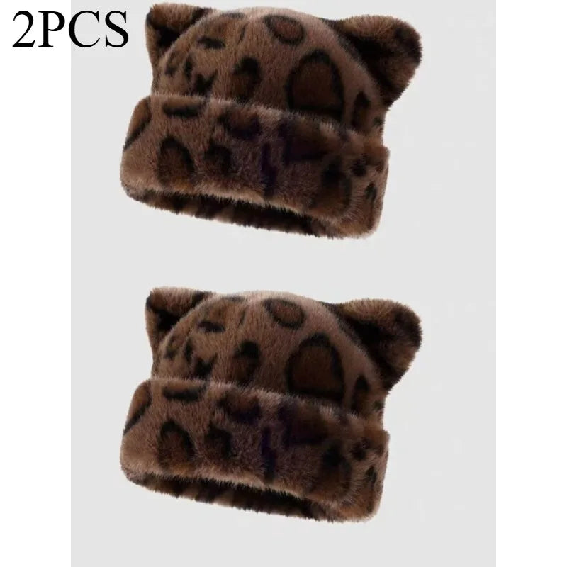 Bonnet en peluche à motif léopard pour femmes, chaud, doux et mignon, style rétro, couvre-tête épaisses de Jungle Line.
