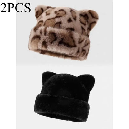 Bonnet en peluche à motif léopard pour femmes, chaud, doux, rétro, polyvalent, avec oreilles de teddy bear, de la marque Jungle Line