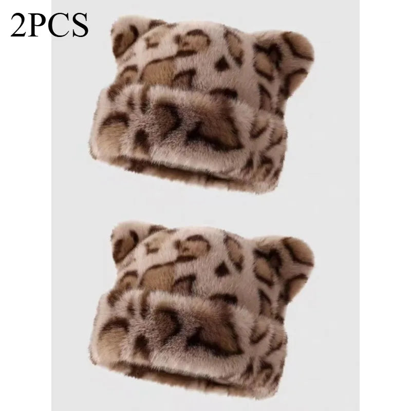 Bonnet en peluche à motif léopard pour femmes, chaud, doux, rétro, polyvalent, avec oreilles de teddy bear Jungle Line.