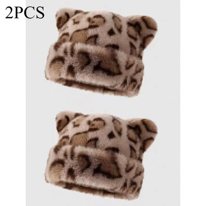 Bonnet en peluche à motif léopard pour femmes, chaud, doux, rétro, polyvalent, avec oreilles de teddy bear Jungle Line.