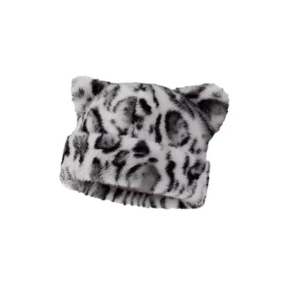 Bonnet en peluche à motif léopard pour femmes, chaud, doux, rétro, avec oreilles de teddy bear, style beanie versatile.