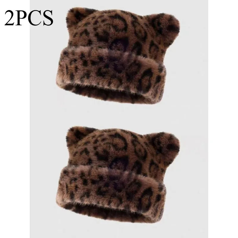 Bonnet en peluche à motif léopard pour femmes, chaud, doux, rétro, versatile avec capuche, de la marque Jungle Line.