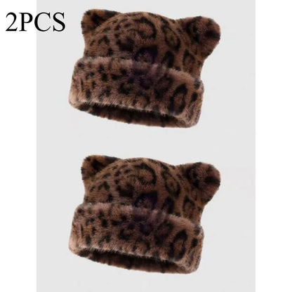 Bonnet en peluche à motif léopard pour femmes, chaud, doux, rétro, versatile avec capuche, de la marque Jungle Line.