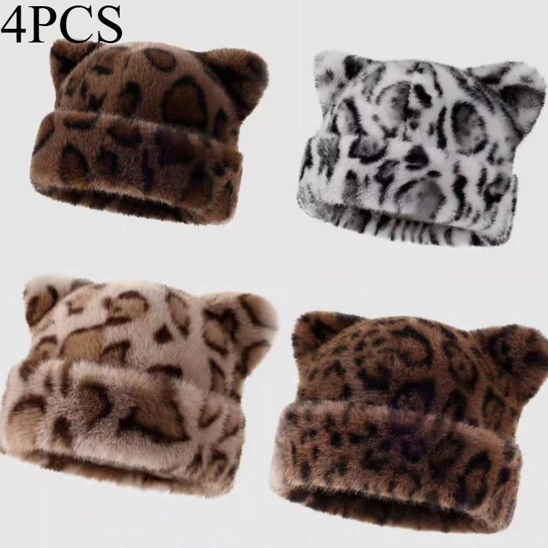 Bonnet en peluche à motif léopard pour femmes, chaud, doux, rétro, style versatile, chapeau à capuche Jungle Line.