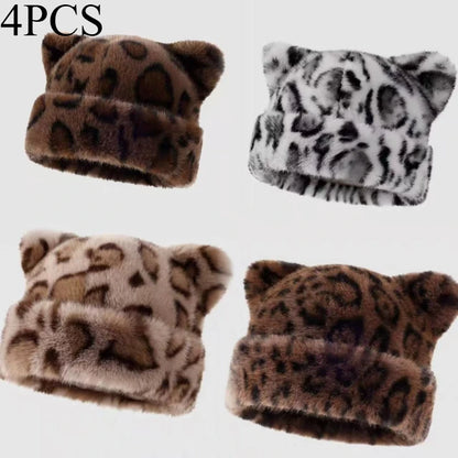 Bonnet en peluche à motif léopard pour femmes, chaud, doux, rétro, style versatile, chapeau à capuche Jungle Line.