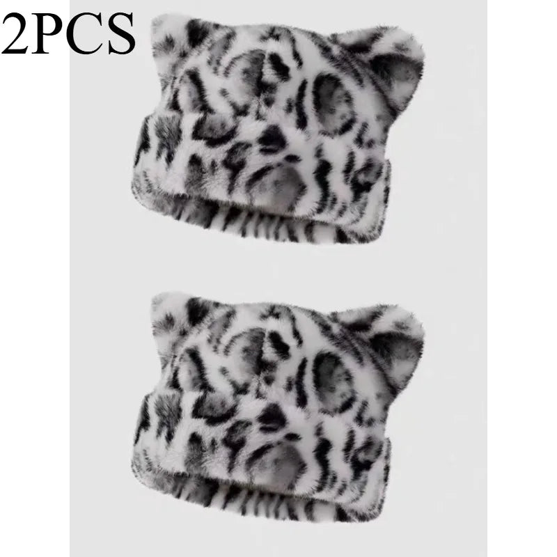 Bonnet en peluche à motif léopard pour femmes, chaud, doux, rétro, avec oreilles d’ours en peluche, style bonnet à capuche Jungle Line
