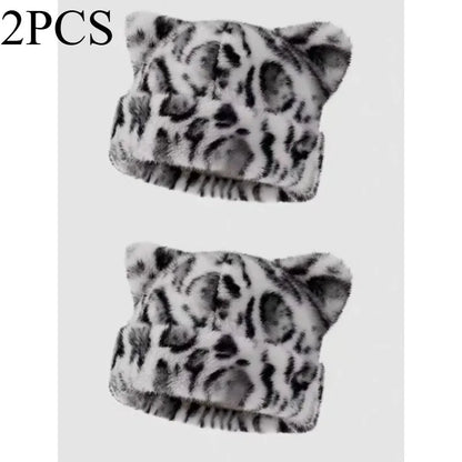 Bonnet en peluche à motif léopard pour femmes, chaud, doux, rétro, avec oreilles d’ours en peluche, style bonnet à capuche Jungle Line