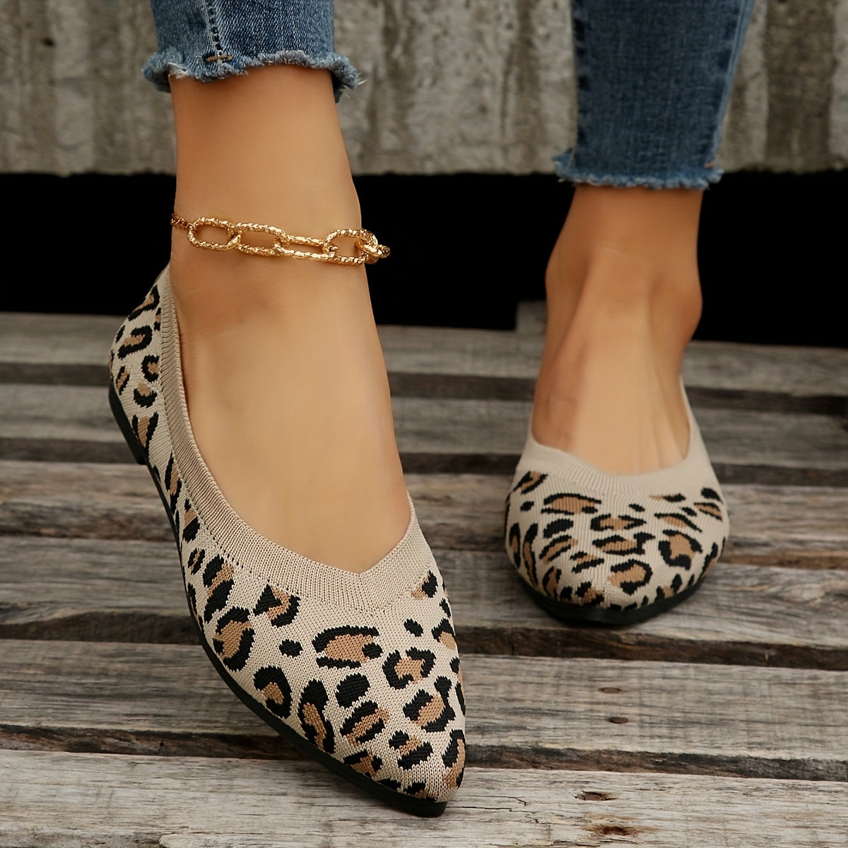 Women's leopard print flat shoes by Jungle Line with pointed toe, slip-on casual design and lightweight comfort.
