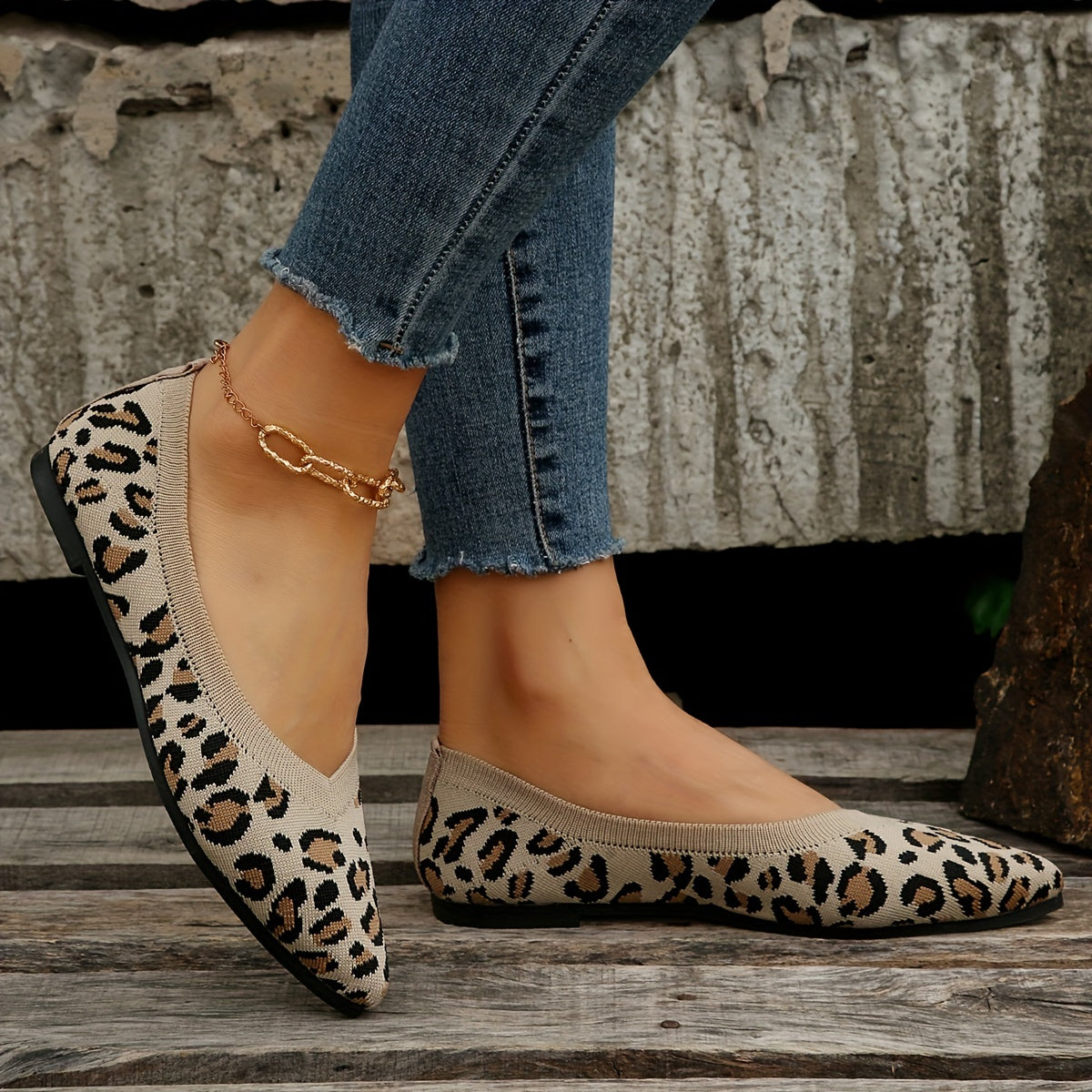 Women's Leopard Print Flat Shoes by Jungle Line featuring pointed toe slip-on design and lightweight casual style.