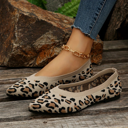 Women's leopard print flat shoes by Jungle Line, pointed toe slip-ons, lightweight casual footwear with a stylish animal print design.