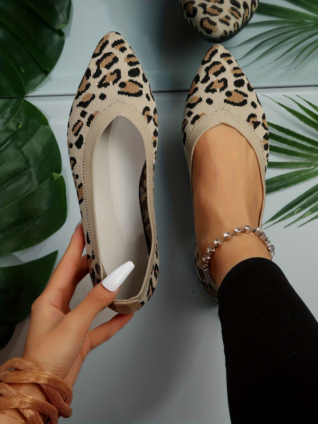 Women's leopard print flat shoes by Jungle Line with pointed toe, slip-on casual design, lightweight and comfortable for everyday wear.