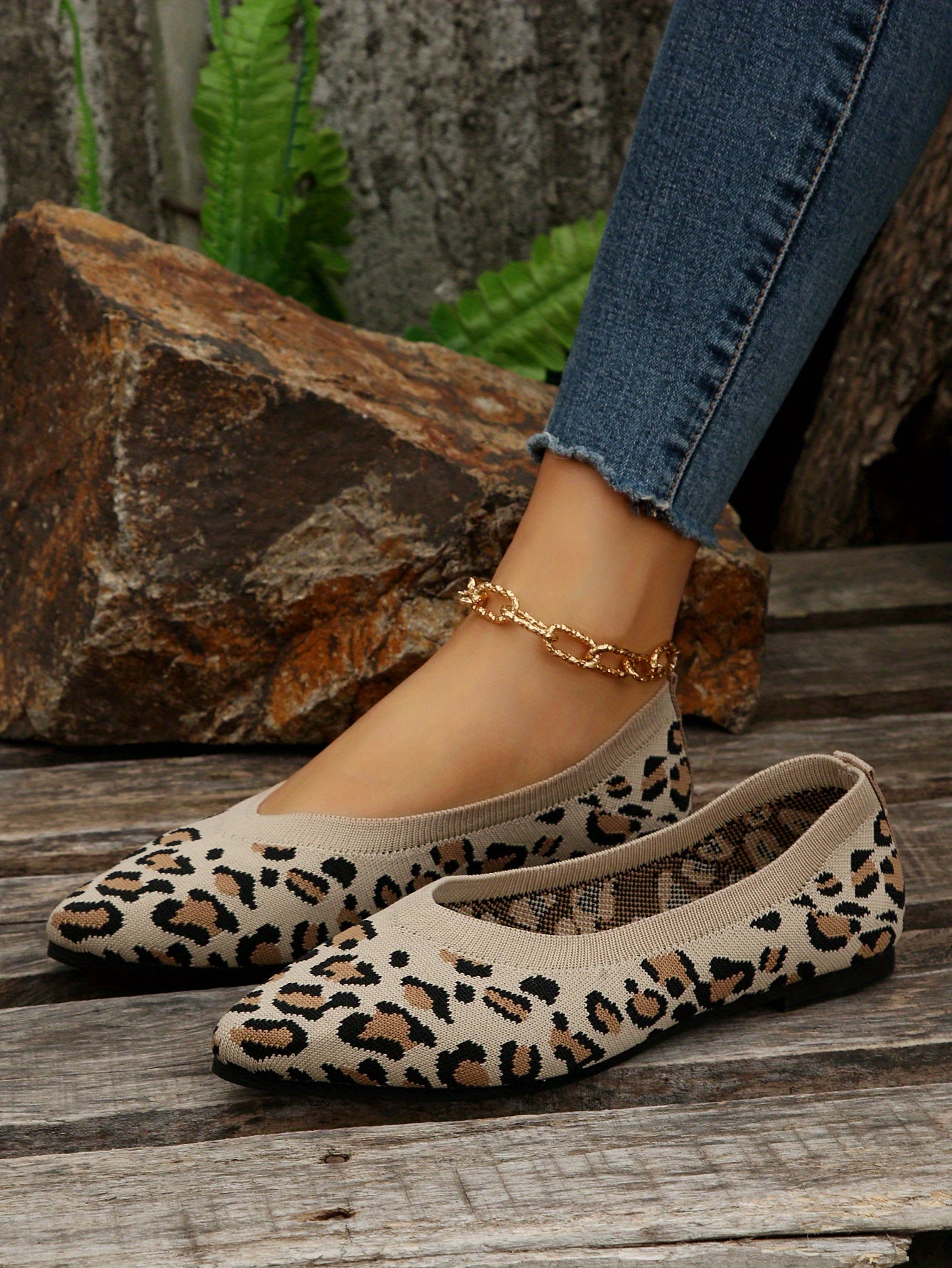 Women's leopard print flat shoes by Jungle Line with pointed toe, slip-on casual design, lightweight and comfortable for everyday wear.